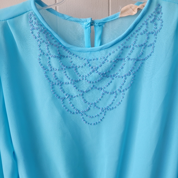 Vintage 70s Blue Sheer Day Dress with Blue Beading White Belt - Picture 3 of 9